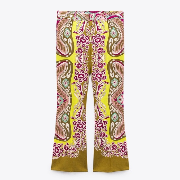 Zara Pants - NWT Zara Crop Flare Linen Blend Pants Khaki Multi color XS